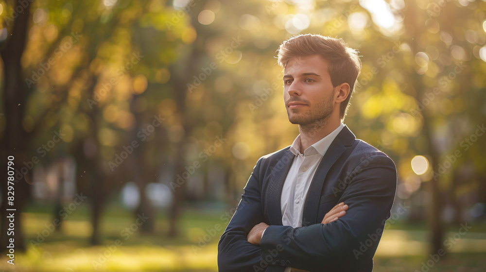 Obraz premium Confident businessman in autumn park. Young businessman stands confidently in an autumn park, arms crossed, and a thoughtful expression.