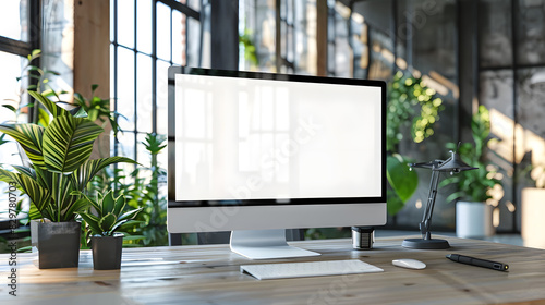 Blank Ultra wide computer screen on work desk in bright modern empty office photo