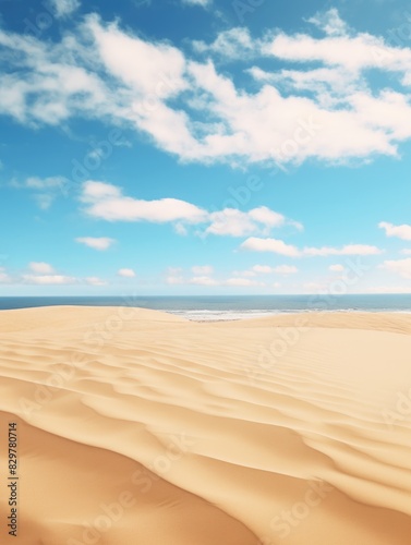 A beach scene with a clear blue sky and a few clouds. The sky is very bright and the clouds are scattered throughout. The beach is empty and the sand is dry