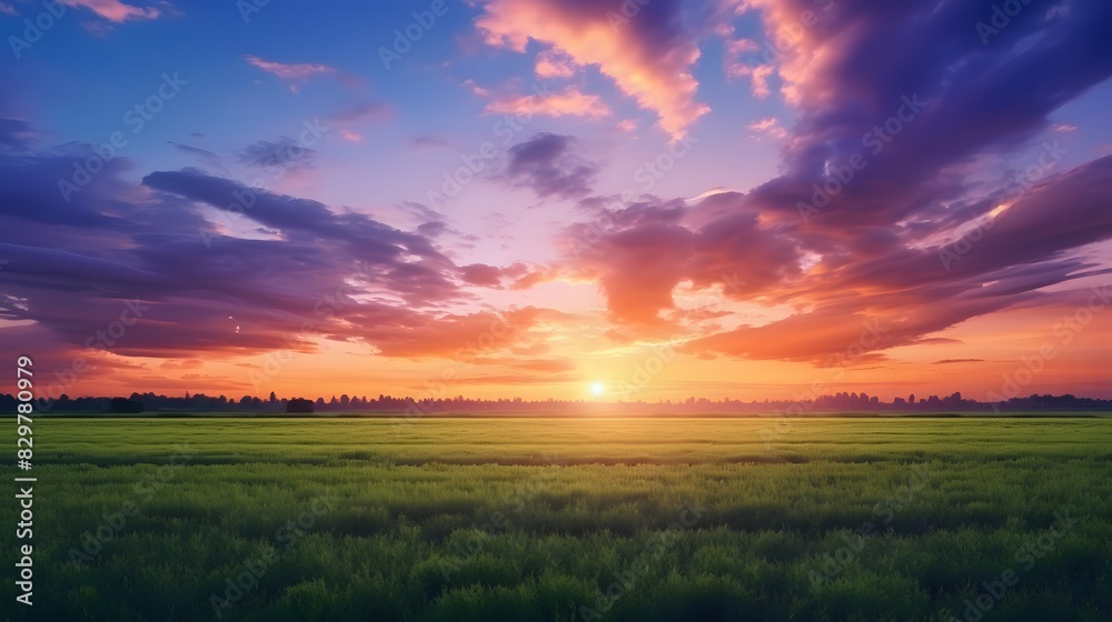 Sunset over a grassy field. Generative AI. Sunset over a grassy field. Generative AI.