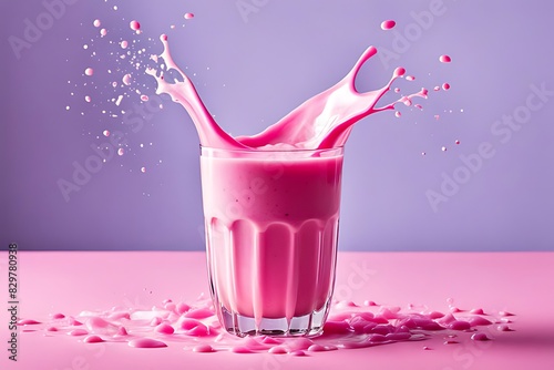 Organic eco natural protein calcium fresh milk. Pink background white glass mug cup. Promotion marketing style Strawberry milkshake splashing in glass on pink background. photo