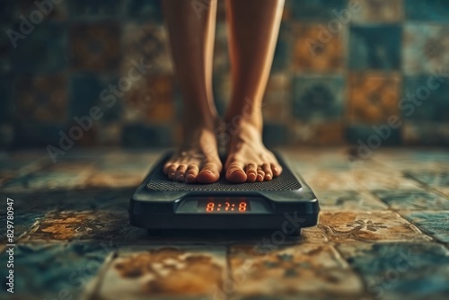 An overweight person standing on a scale with their feet visible photo