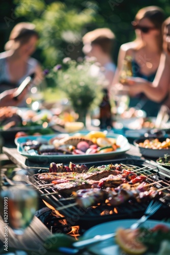 A group of people are gathered around a table with a variety of food  including meat and vegetables. The atmosphere is lively and social  with people enjoying each other s company