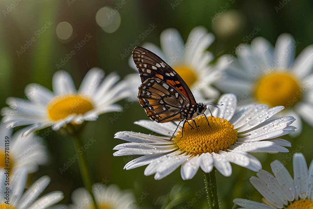 chamomile flowers, butterflies, dewdrops. Expressing tranquility and serenity. chamomile flowers, butterflies, dewdrops. Expressing tranquility and serenity.