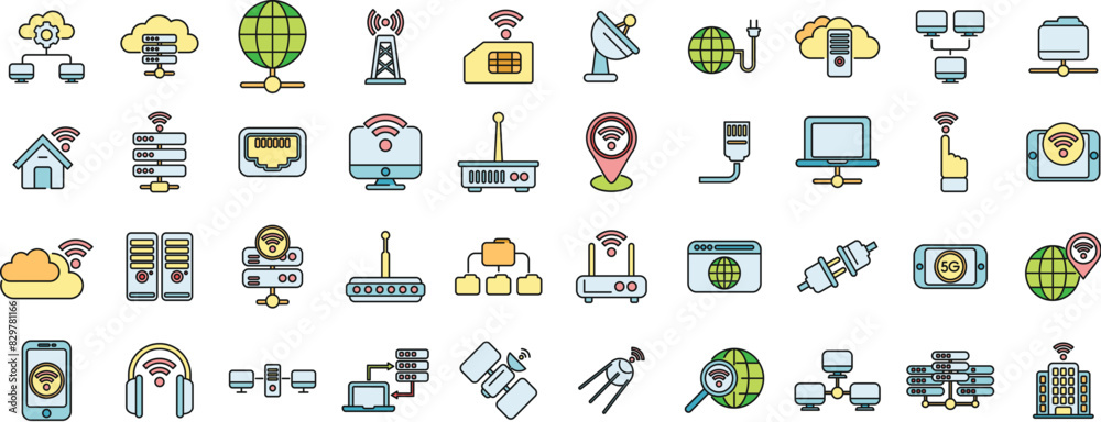 Naklejka premium Internet provider icons set outline vector. Host service. Data server thin line color flat on white