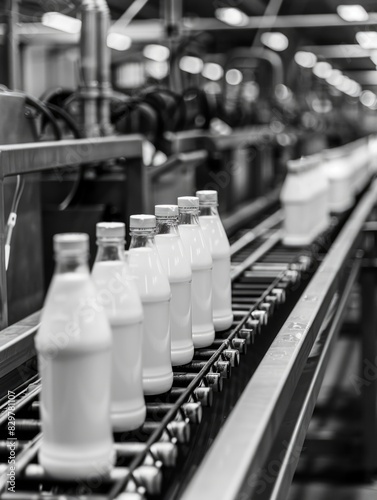 Bottles of milk are being made in a factory. The bottles are lined up on a conveyor belt and are being filled with milk
