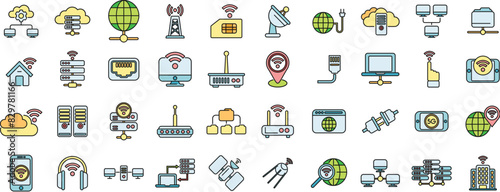 Internet provider icons set outline vector. Host service. Data server thin line color flat on white