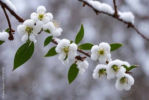 Plum Flowers In Fresh Snow a branch with snow on it. photo