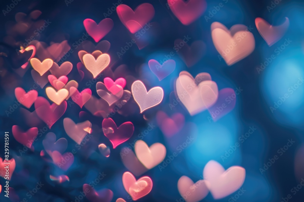 A blurry image of many pink hearts in a blue background. Concept of love and affection A blurry image of many pink hearts in a blue background. Concept of love and affection