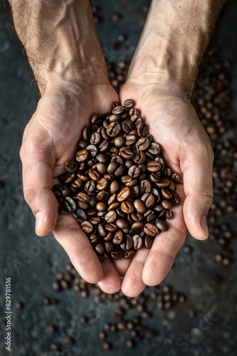A person is holding a handful of coffee beans. The beans are brown and appear to be freshly roasted. Concept of warmth and comfort, as coffee is often associated with relaxation and socializing