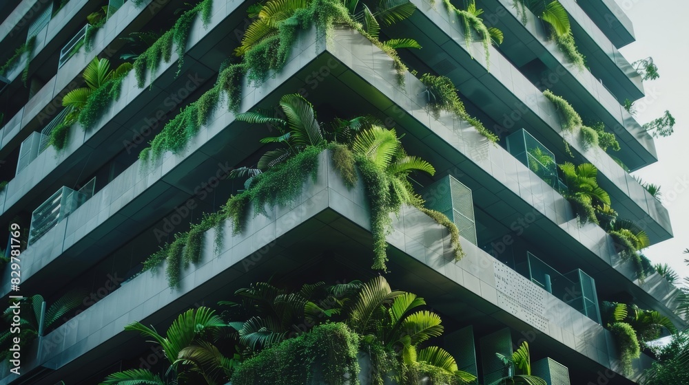 A sleek modern building with multiple floors of lush green plants growing vertically. A sleek modern building with multiple floors of lush green plants growing vertically.