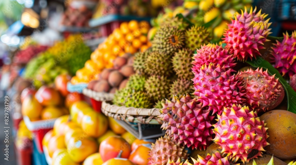 A vibrant display of Thai fruits like rambutan, dragon fruit, and mangoes at a local market stall.