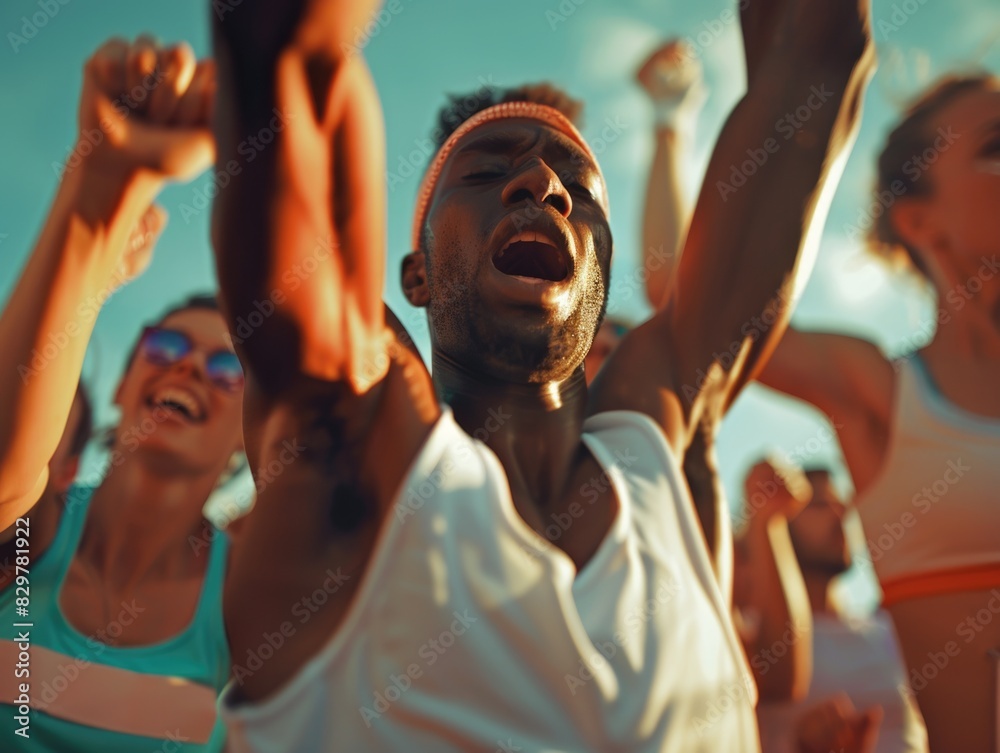 A man is cheering with his hands raised in the air. The other people in the crowd are also cheering A man is cheering with his hands raised in the air. The other people in the crowd are also cheering