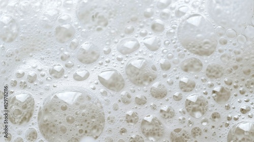 The image is of a white foam with many bubbles. The bubbles are scattered all over the foam, creating a sense of movement and energy. The foam appears to be in motion