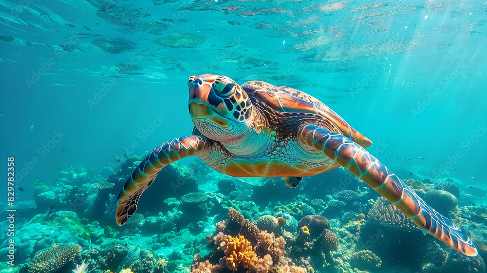 Obraz premium Sea turtle swimming with coral reef visible in the background