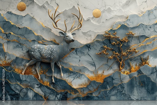 three panel wall art, marble background with stag deer animal with gold tree wall , 3D vector illustration designs