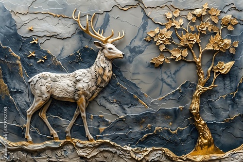 three panel wall art, marble background with stag deer animal with gold tree wall , 3D vector illustration designs
