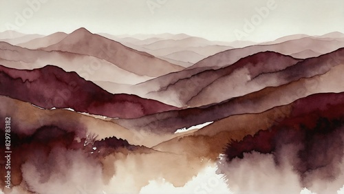 watercolor red and brown hills landscape, abstract painting background, wallpaper