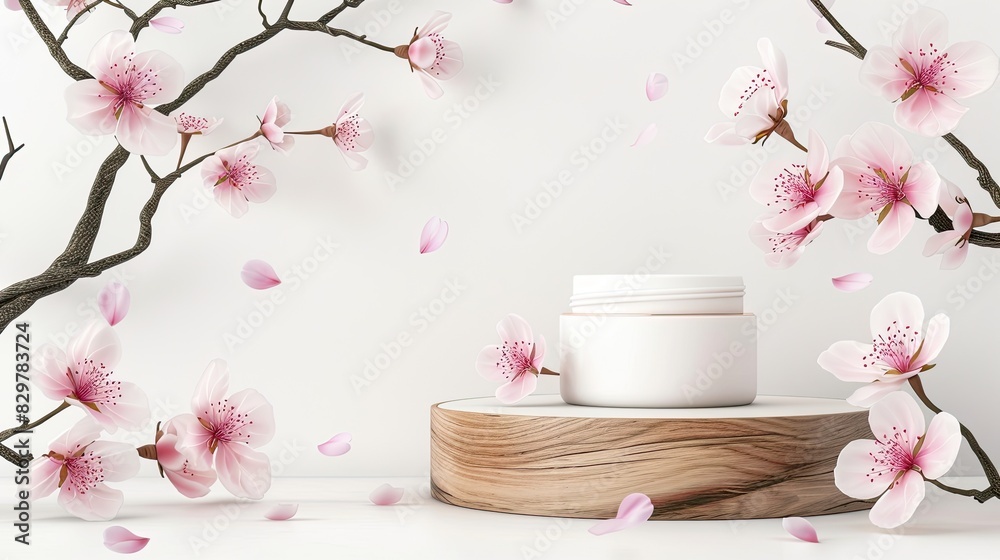 a wood podium accented with soft pink cherry blossoms, against a pristine white backdrop, offering a mock-up template for cosmetic products and providing generous copy space for branding and text.