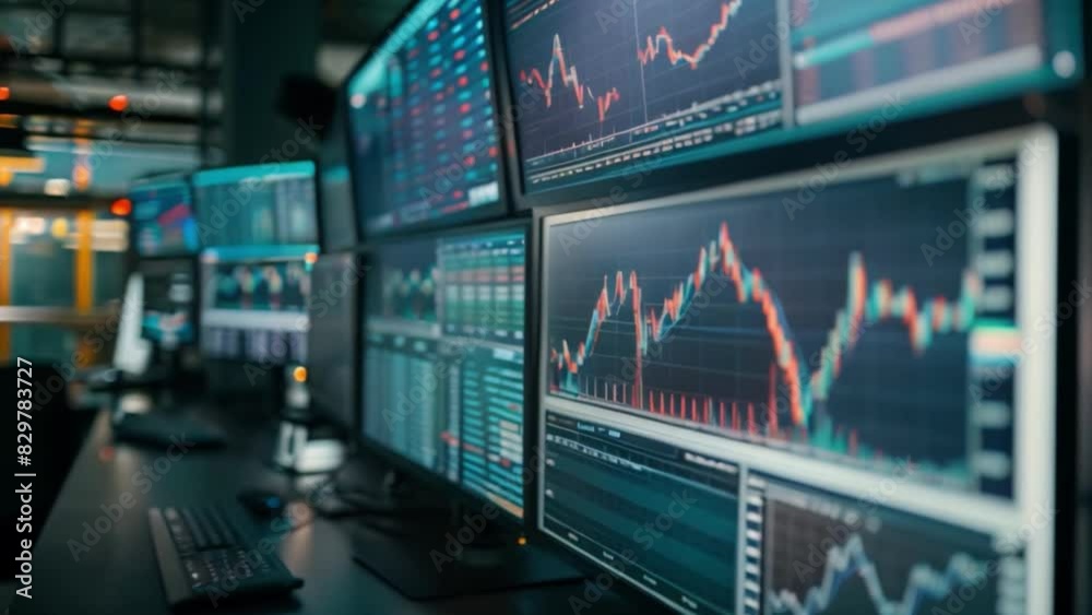 Several computer screens showcase various financial graphs and charts in a trading office environment, highlighting active market analysis and monitoring.