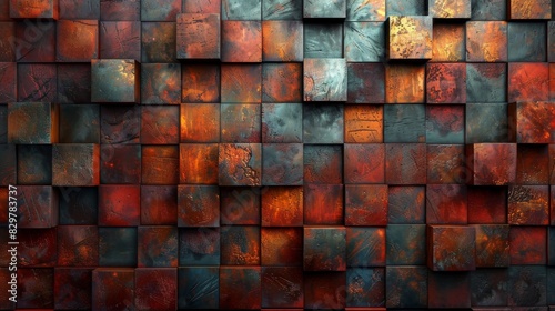 Abstract image of textured metallic tiles with red and blue hues  creating a modern and artistic background