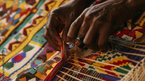 A detailed shot of a craftsman's hands weaving a tapestry rich with symbolic African patterns and a prominent rainbow motif.