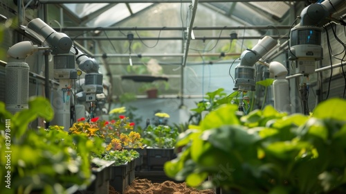 AI systems optimize climate in greenhouses for ideal plant growth conditions, Created with Generative AI. photo