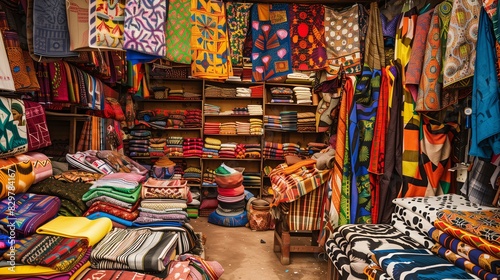 A vibrant image of a traditional African market stall overflowing with colorful fabrics, spices, and handcrafted goods.