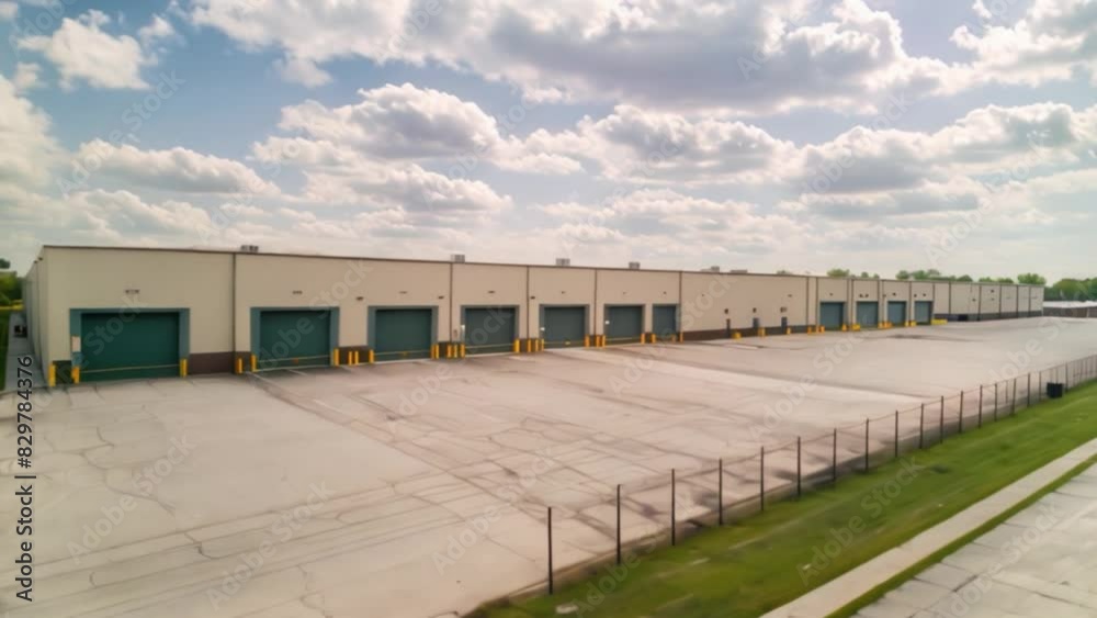 A large industrial warehouse features multiple loading docks and a spacious concrete parking area, situated under a partly cloudy sky on a summer day. A large industrial warehouse features multiple loading docks and a spacious concrete parking area, situated under a partly cloudy sky on a summer day.