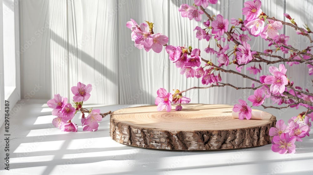 Fototapeta premium a wood podium accented with soft pink cherry blossoms, against a pristine white backdrop, offering a mock-up template for cosmetic products and providing generous copy space for branding and text.