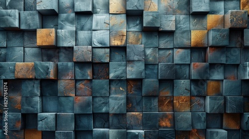 This image displays a geometric pattern of blue and gold textured cubes  creating a three-dimensional effect