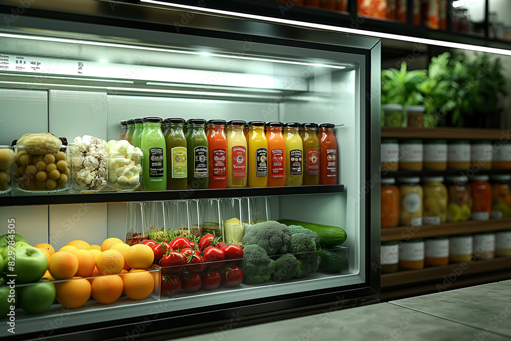 store with fruits and vegetables, Discover the epitome of modern healthy living with an open refrigerator brimming with a colorful array of fresh and nutritious food, set in a sleek, contemporary kitc store with fruits and vegetables, Discover the epitome of modern healthy living with an open refrigerator brimming with a colorful array of fresh and nutritious food, set in a sleek, contemporary kitc