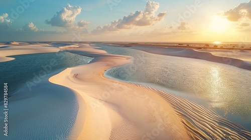 Fototapeta Naklejka Na Ścianę i Meble -  Lencois Maranhenses. A dazzling landscape of dunes and rain lakes. Natural rainwater pool in white sand desert. Nature and travel concept.