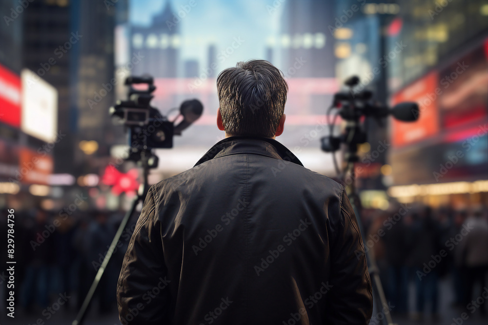 Generative AI illustration Professional reporter journalist in front of camera making live reportage Generative AI illustration Professional reporter journalist in front of camera making live reportage