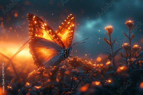 A magical butterfly glowing with orange and blue hues sits on a flower, surrounded by tiny lights and dark, moody background. photo