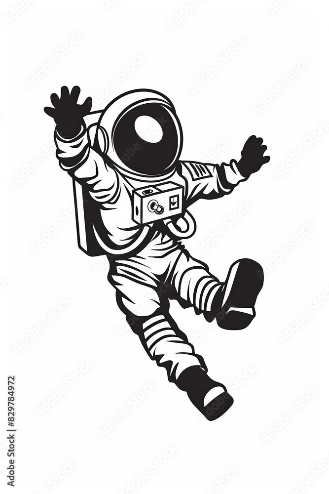 A black and white astronaut is jumping in the air A black and white astronaut is jumping in the air