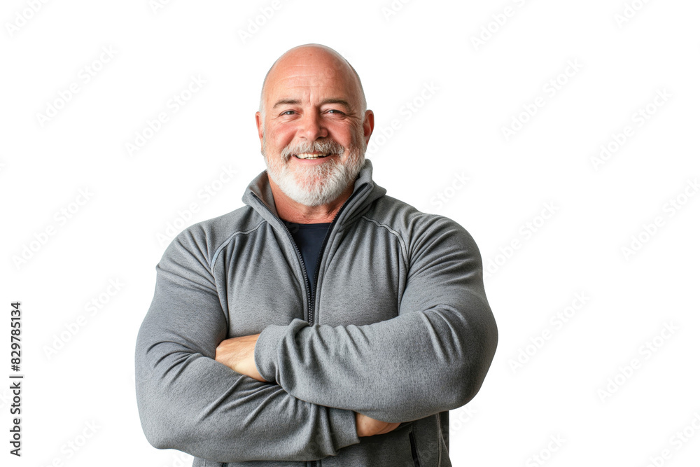 Smiling Muscular Bald Man in Gray Jacket Smiling Muscular Bald Man in Gray Jacket