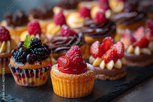 cupcakes with berries and chocolate, Experience the delectable allure of gourmet finger food with a closeup of sweet desserts artfully presented during a cocktail party or event catering photo