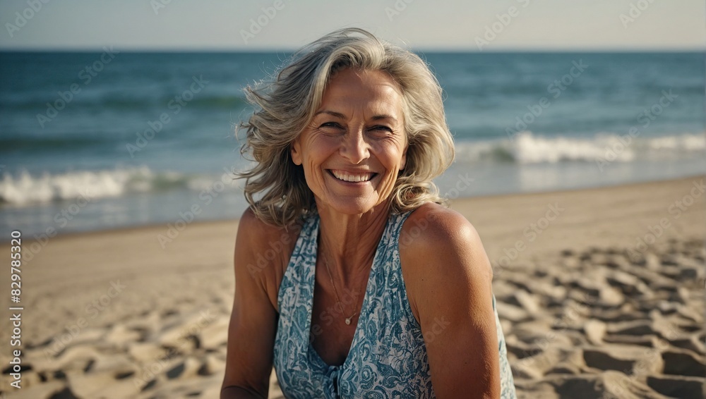 Smiling mature woman at the beach, natural lifestyle, enjoying the sunny weather Smiling mature woman at the beach, natural lifestyle, enjoying the sunny weather