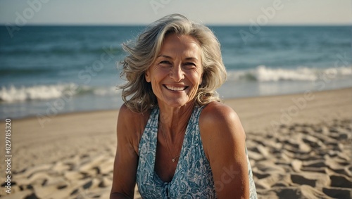 Smiling mature woman at the beach, natural lifestyle, enjoying the sunny weather