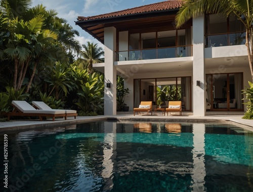 Lavish villa boasting a lush tropical garden oasis with a luxurious pool.