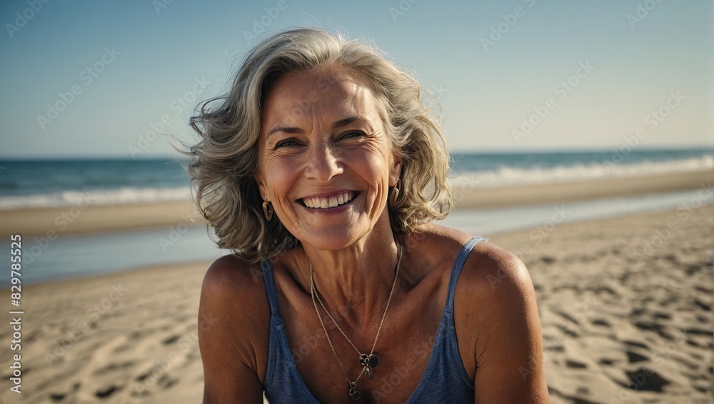 Smiling mature woman at the beach, natural lifestyle, enjoying the sunny weather Smiling mature woman at the beach, natural lifestyle, enjoying the sunny weather