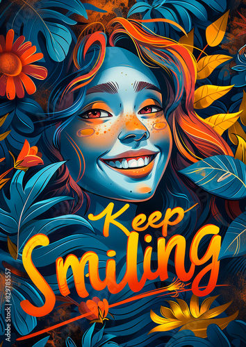 Vibrant Abstract Portrait of Smiling Woman in Nature with Keep Smiling Inspirational Message, Colorful and Floral Art, Uplifting Mood