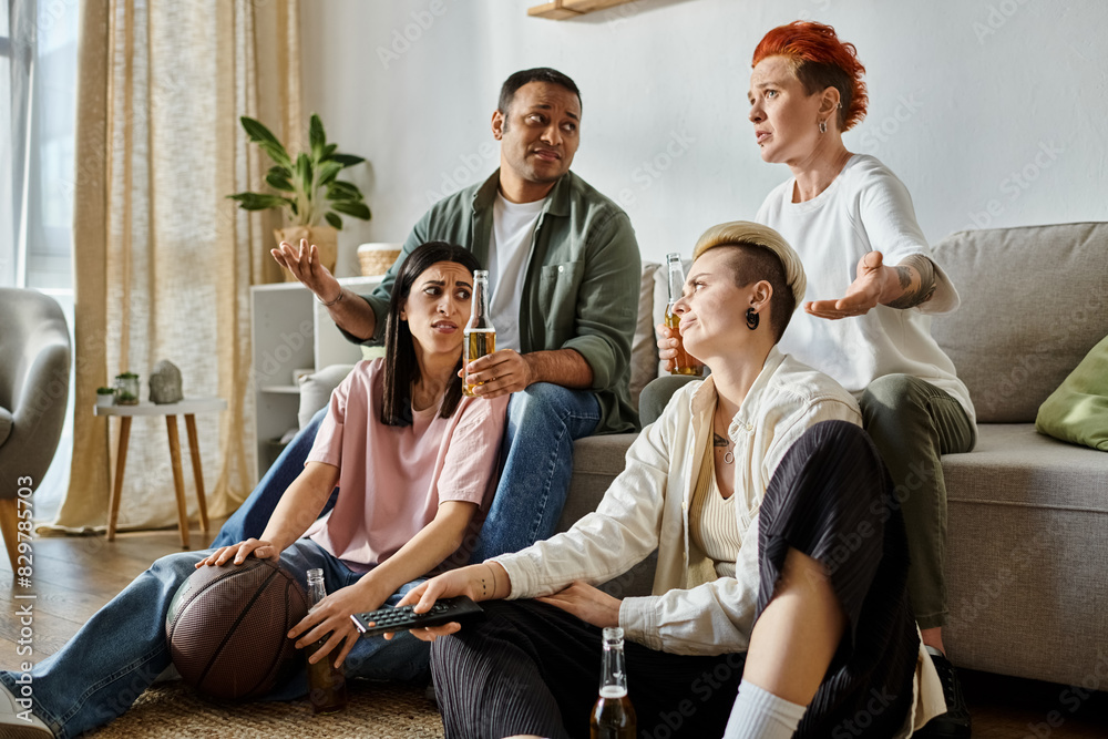 Diverse group of friends, including a loving lesbian couple, sit on a couch in a cozy living room. Diverse group of friends, including a loving lesbian couple, sit on a couch in a cozy living room.
