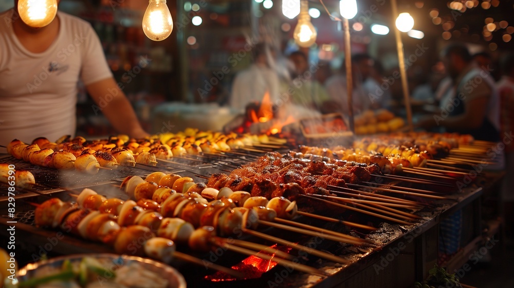 A Middle Eastern night market with skewers of sizzling kebabs A Middle Eastern night market with skewers of sizzling kebabs