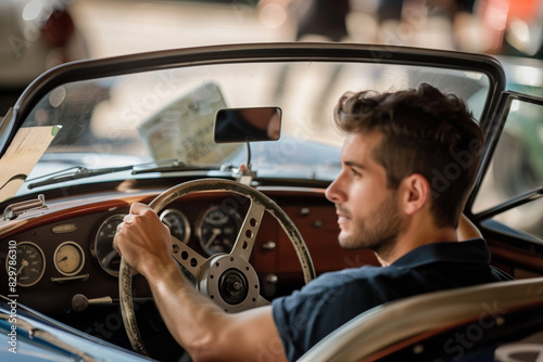 Young Man Driving a Classic Car on a Sunny Day.