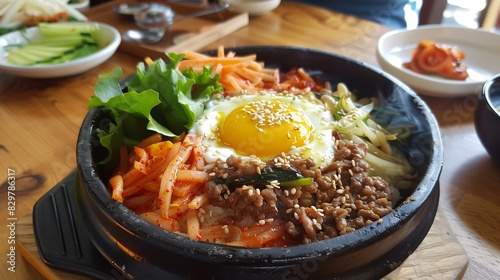 A Korean barbecue restaurant with a sizzling plate of bibimbap and side dishes