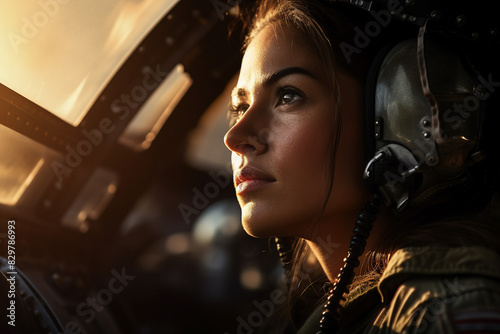 Soldier in military uniform controls a helicopter golden hour generative AI