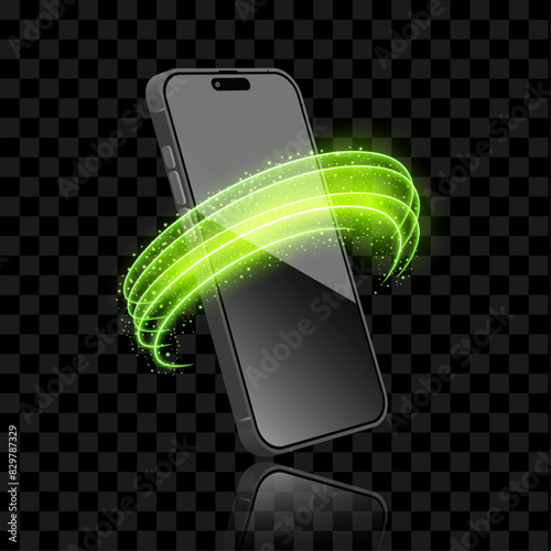 Realistic 3D Smartphone and Mobile Phone with Green Neon Light Trail and Glowing Wave on Transparent Background. Vector.