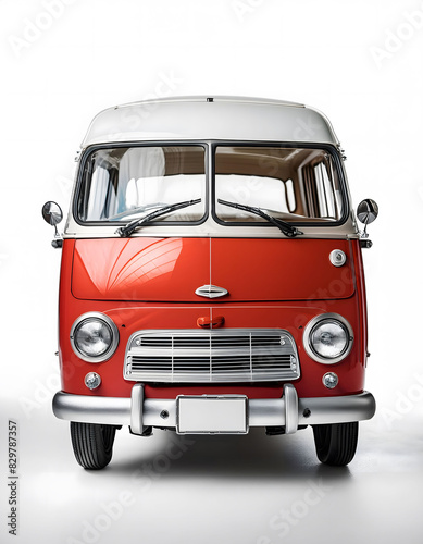 Front view of a red and white vintage van in a white background